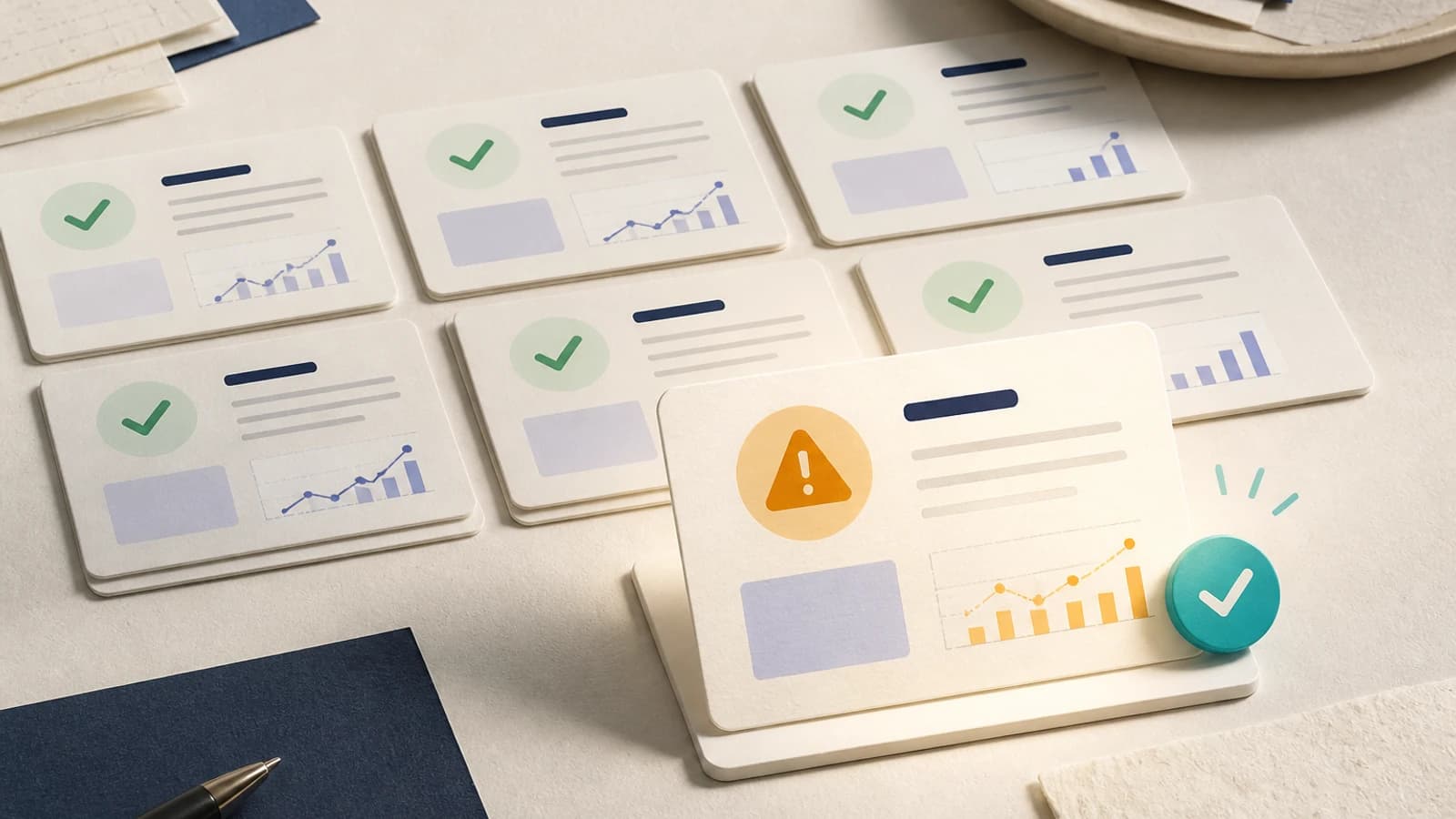 A spread of evidence cards carrying green checks, with one amber caution card pulled to the front and marked as approved