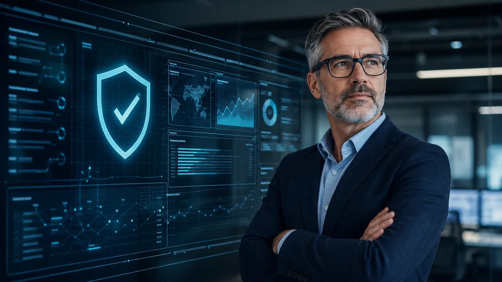 Expert en cybersecurite devant une interface de bouclier de securite numerique representant la conformite IA et la regtech