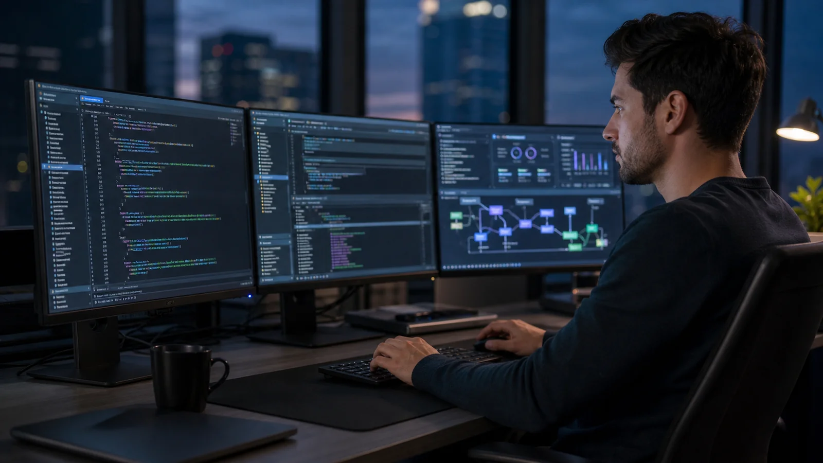 Desarrollador programando en multiples monitores en una oficina de startup
