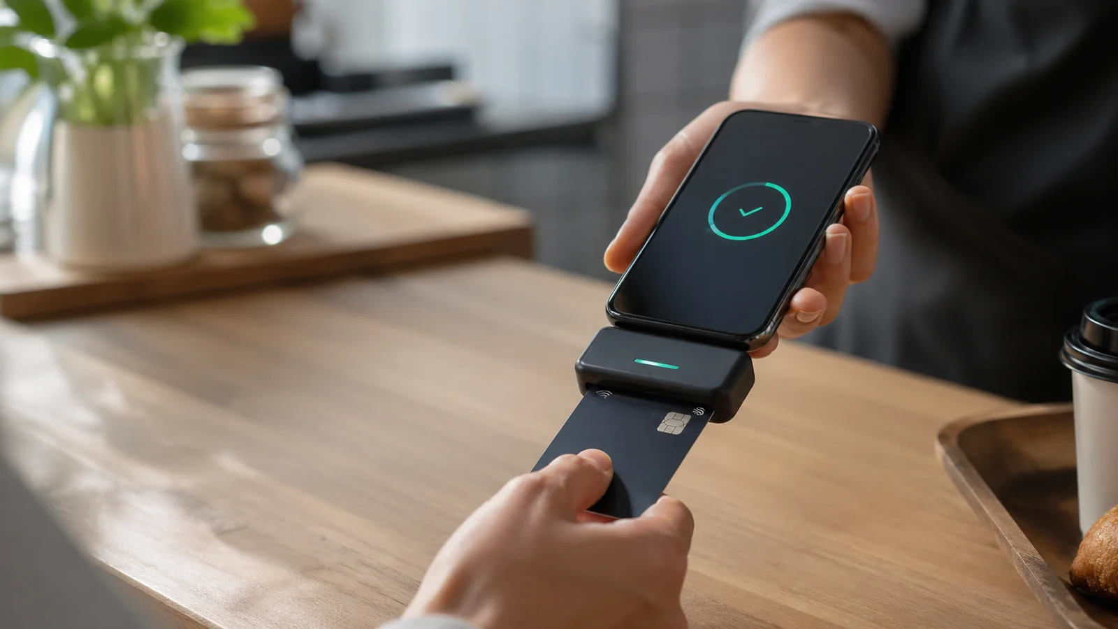 Lecteur de carte mobile traitant un paiement representant les infrastructures fintech et la finance embarquee