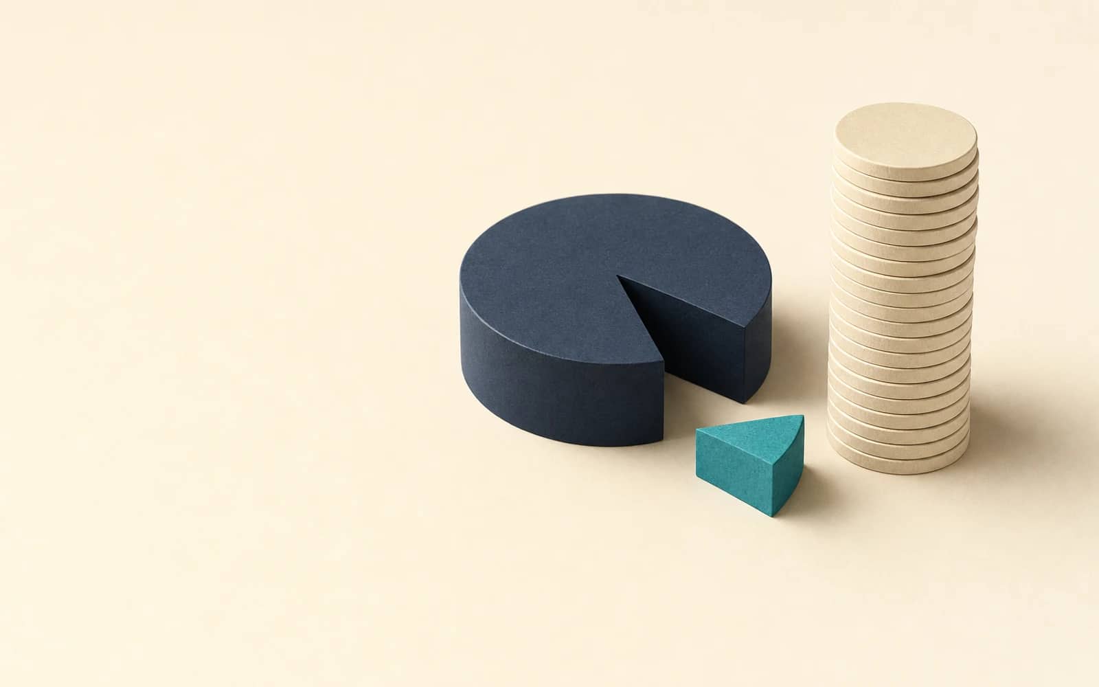 Techstars review: a navy wheel with one thin teal wedge cut out and set beside it, next to a tall stack of cream coins that the slice paid for