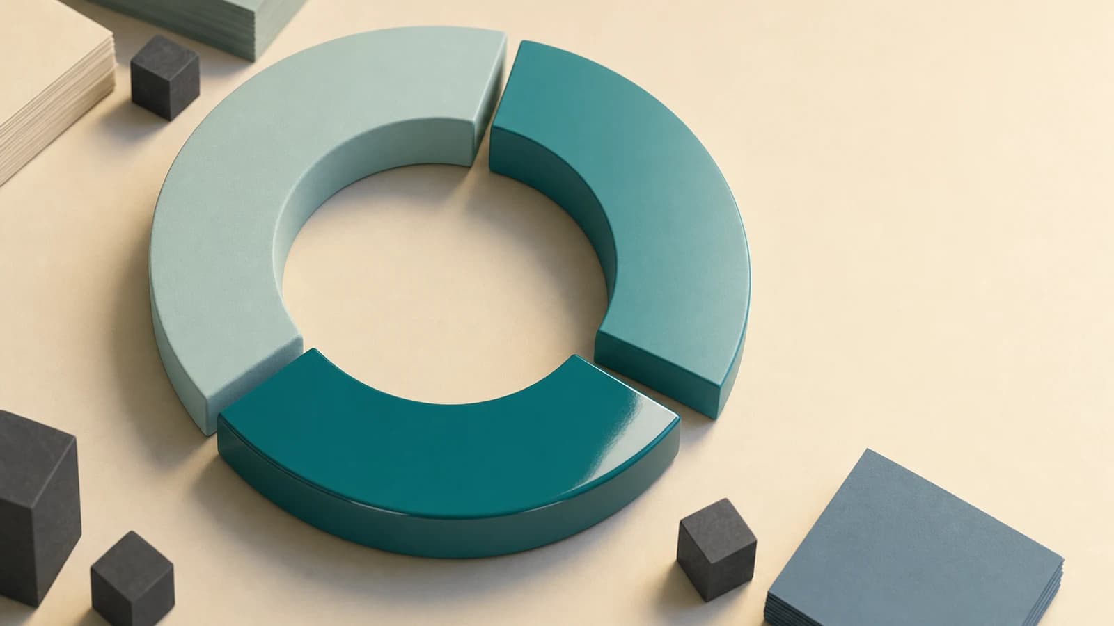 Three teal arc segments forming an almost complete ring, with gaps still open between them