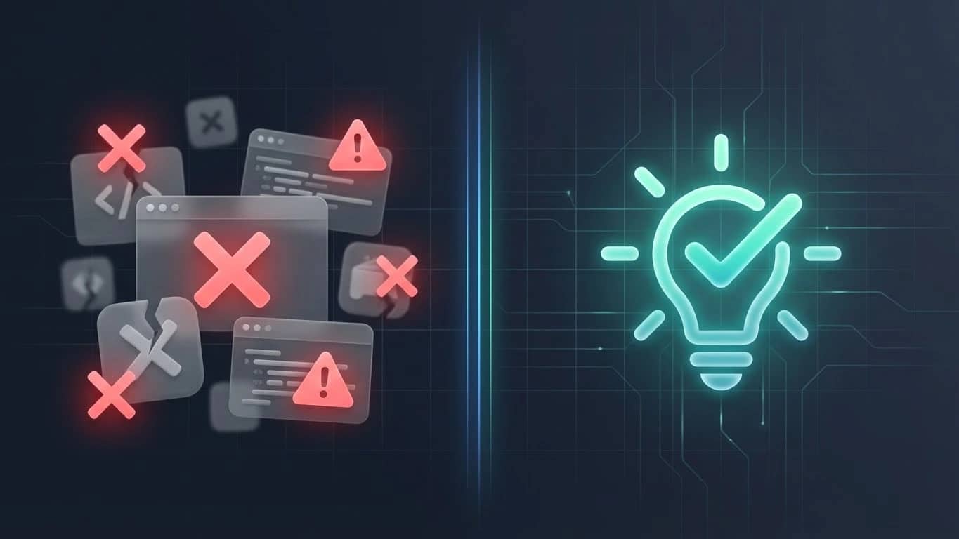Illustration showing the contrast between shipping many unvalidated ideas (left, chaotic, red marks) versus validating one idea before building (right, focused, teal checkmark). Represents the vibecoding validation concept.