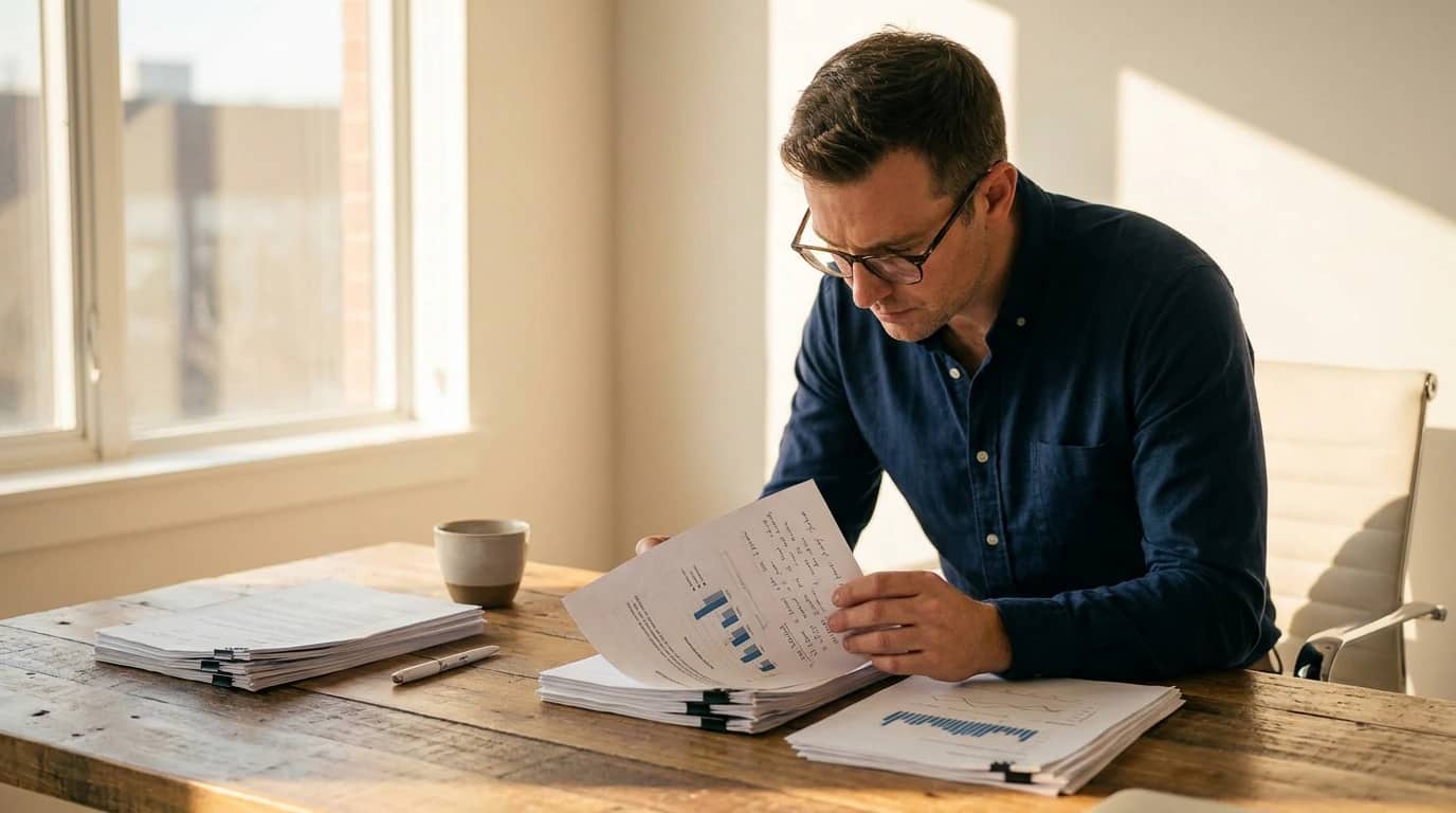 Founder preparing pre-seed funding materials at a desk with investor notes and a laptop